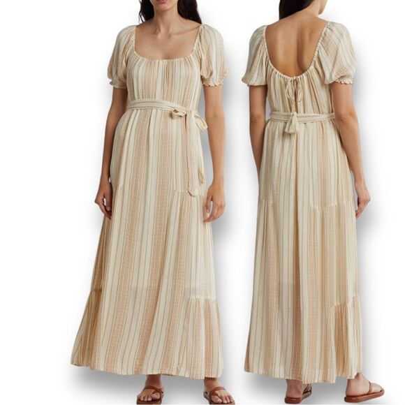 LOVESTITCH Women’s Stripe Puff Sleeves Maxi Dress in Size Large in Natural/Tan - Picture 4 of 7